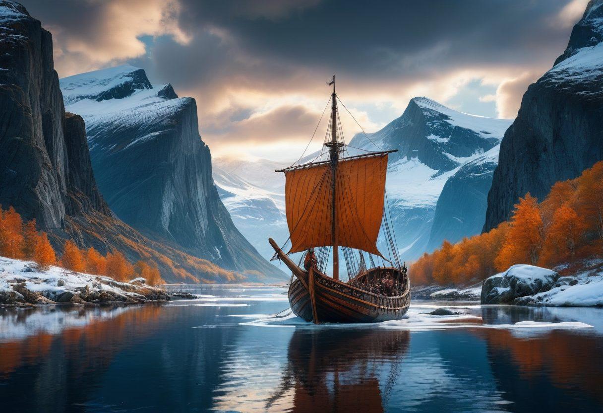 A majestic Viking ship navigating through icy fjords, surrounded by lush Nordic landscapes and towering mountains under a dramatic sky. Incorporate elements like rugged explorers in period clothing, ancient Viking runes etched on stones, and wild animals in the background for an adventurous atmosphere. Capture the essence of discovery and exploration. super-realistic. vibrant colors. cinematic.