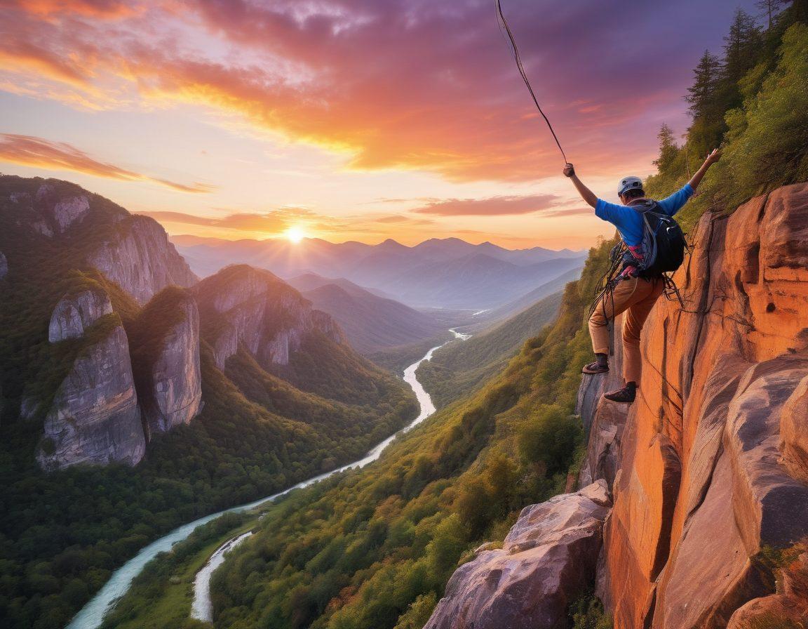 An adventurous traveler standing on a cliff edge, overlooking a breathtaking landscape filled with mountains, forests, and rivers. In one hand, they hold colorful adventure tickets and passes, while the other points towards an exhilarating activity like zip-lining or bungee jumping. Include a vibrant sunset in the background to evoke excitement. super-realistic. vibrant colors. white background.