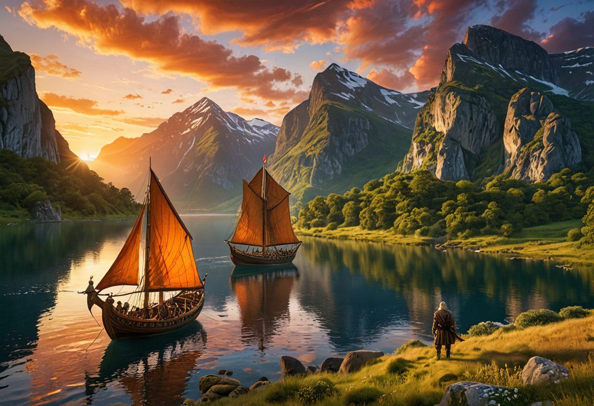 A breathtaking landscape featuring lush green valleys, majestic fjords, and a vibrant sunset, with a Viking ship sailing through tranquil waters. In the foreground, an adventurer in traditional Viking attire stands with a map, ready to explore the surroundings filled with ancient ruins and wildlife. The scene captures the essence of nature and heritage, inviting viewers to embark on their own adventures. super-realistic. vibrant colors. 3D.